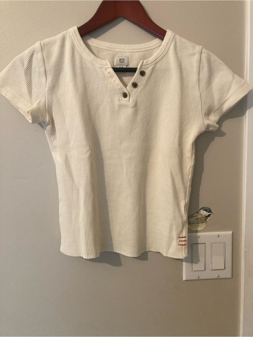BDG Cream Short Sleeve Thermal Texture Henley Top